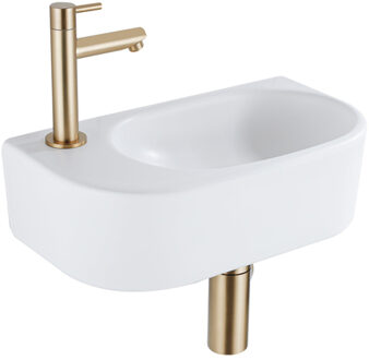 QeramiQ Fuente Fonteinset - 40x21.5x12cm - links - glad - halfrond - 1 kraangat - keramiek - fonteinkraan geborsteld messing - afvoerplug - verlaagd sifon - wit mat SW1209555/SW696208/SW696218/SW696238