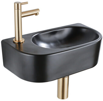 QeramiQ Fuente Fonteinset - 40x21.5x12cm - links - glad - halfrond - 1 kraangat - keramiek - fonteinkraan geborsteld messing - afvoerplug - verlaagd sifon - zwart mat SW1209556/SW696208/SW696218/SW696238