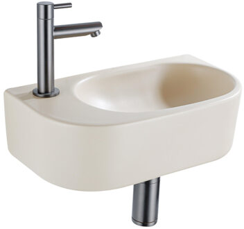 QeramiQ Fuente Fonteinset - 40x21.5x12cm - links - glad - halfrond - 1 kraangat - keramiek - fonteinkraan gunmetal - afvoerplug - verlaagd sifon - beige SW1209557/SW769487/SW767295/SW696239