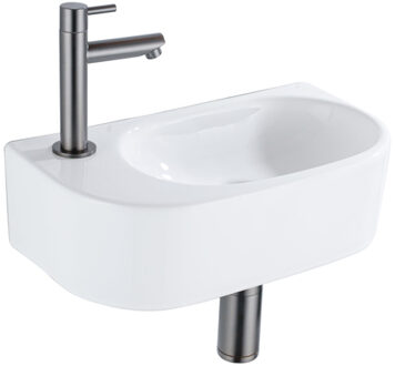 QeramiQ Fuente Fonteinset - 40x21.5x12cm - links - glad - halfrond - 1 kraangat - keramiek - fonteinkraan gunmetal - afvoerplug - verlaagd sifon - wit glans SW1209554/SW769487/SW767295/SW696239