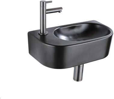 QeramiQ Fuente Fonteinset - 40x21.5x12cm - links - glad - halfrond - 1 kraangat - keramiek - fonteinkraan gunmetal - afvoerplug - verlaagd sifon - zwart mat SW1209556/SW769487/SW767295/SW696239