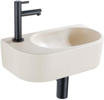 QeramiQ Fuente Fonteinset - 40x21.5x12cm - links - glad - halfrond - 1 kraangat - keramiek - fonteinkraan zwart mat - afvoerplug - verlaagd sifon - beige SW1209557/SW696205/SW696215/SW696235