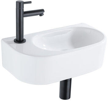 QeramiQ Fuente Fonteinset - 40x21.5x12cm - links - glad - halfrond - 1 kraangat - keramiek - fonteinkraan zwart mat - afvoerplug - verlaagd sifon - wit glans SW1209554/SW696205/SW696215/SW696235