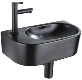 QeramiQ Fuente Fonteinset - 40x21.5x12cm - links - glad - halfrond - 1 kraangat - keramiek - fonteinkraan zwart mat - afvoerplug - verlaagd sifon - zwart mat SW1209556/SW696205/SW696215/SW696235