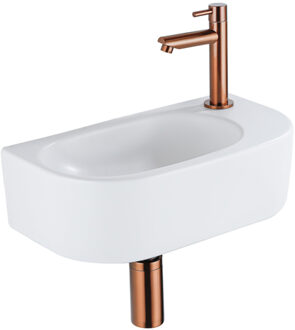 QeramiQ Fuente Fonteinset - 40x21.5x12cm - rechs - glad - halfrond - 1 kraangat - keramiek - fonteinkraan geborsteld koper - afvoerplug - verlaagd sifon - wit mat SW1209551/SW799405/SW799403/SW970033