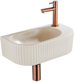 QeramiQ Fuente Fonteinset - 40x21.5x12cm - rechts - geribbeld - halfrond - 1 kraangat - keramiek - fonteinkraan geborsteld koper - afvoerplug - verlaagd sifon - beige SW1209545/SW799405/SW799403/SW970033