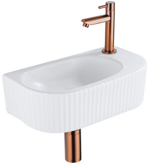 QeramiQ Fuente Fonteinset - 40x21.5x12cm - rechts - geribbeld - halfrond - 1 kraangat - keramiek - fonteinkraan geborsteld koper - afvoerplug - verlaagd sifon - wit mat SW1209543/SW799405/SW799403/SW970033