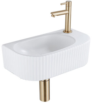 QeramiQ Fuente Fonteinset - 40x21.5x12cm - rechts - geribbeld - halfrond - 1 kraangat - keramiek - fonteinkraan geborsteld messing - afvoerplug - verlaagd sifon - wit mat SW1209543/SW696208/SW696218/SW696238