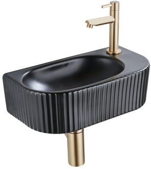 QeramiQ Fuente Fonteinset - 40x21.5x12cm - rechts - geribbeld - halfrond - 1 kraangat - keramiek - fonteinkraan geborsteld messing - afvoerplug - verlaagd sifon - zwart mat SW1209544/SW696208/SW696218/SW696238