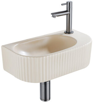 QeramiQ Fuente Fonteinset - 40x21.5x12cm - rechts - geribbeld - halfrond - 1 kraangat - keramiek - fonteinkraan gunmetal - afvoerplug - verlaagd sifon - beige SW1209545/SW769487/SW767295/SW696239