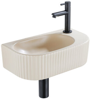 QeramiQ Fuente Fonteinset - 40x21.5x12cm - rechts - geribbeld - halfrond - 1 kraangat - keramiek - fonteinkraan zwart mat - afvoerplug - verlaagd sifon - beige SW1209545/SW696205/SW696215/SW696235