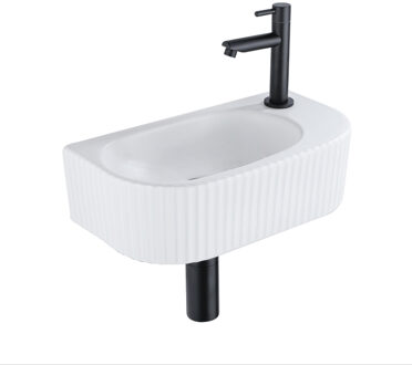 QeramiQ Fuente Fonteinset - 40x21.5x12cm - rechts - geribbeld - halfrond - 1 kraangat - keramiek - fonteinkraan zwart mat - afvoerplug - verlaagd sifon - wit mat SW1209543/SW696205/SW696215/SW696235