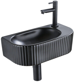 QeramiQ Fuente Fonteinset - 40x21.5x12cm - rechts - geribbeld - halfrond - 1 kraangat - keramiek - fonteinkraan zwart mat - afvoerplug - verlaagd sifon - zwart mat SW1209544/SW696205/SW696215/SW696235