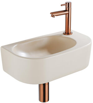 QeramiQ Fuente Fonteinset - 40x21.5x12cm - rechts - glad - halfrond - 1 kraangat - keramiek - fonteinkraan geborsteld koper - afvoerplug - verlaagd sifon - beige SW1209553/SW799405/SW799403/SW970033