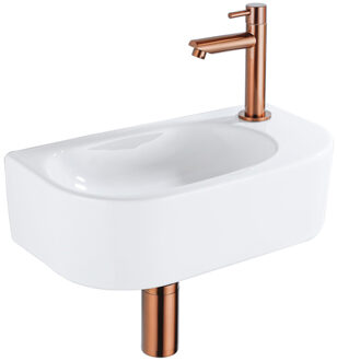 QeramiQ Fuente Fonteinset - 40x21.5x12cm - rechts - glad - halfrond - 1 kraangat - keramiek - fonteinkraan geborsteld koper - afvoerplug - verlaagd sifon - wit glans SW1209550/SW799405/SW799403/SW970033