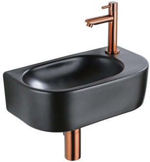 QeramiQ Fuente Fonteinset - 40x21.5x12cm - rechts - glad - halfrond - 1 kraangat - keramiek - fonteinkraan geborsteld koper - afvoerplug - verlaagd sifon - zwart mat SW1209552/SW799405/SW799403/SW970033