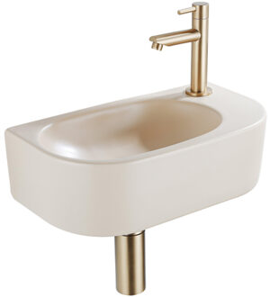 QeramiQ Fuente Fonteinset - 40x21.5x12cm - rechts - glad - halfrond - 1 kraangat - keramiek - fonteinkraan geborsteld messing - afvoerplug - verlaagd sifon - beige SW1209553/SW696208/SW696218/SW696238