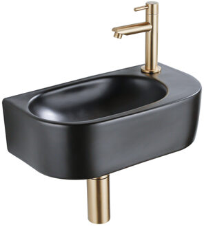 QeramiQ Fuente Fonteinset - 40x21.5x12cm - rechts - glad - halfrond - 1 kraangat - keramiek - fonteinkraan geborsteld messing - afvoerplug - verlaagd sifon - zwart mat SW1209552/SW696208/SW696218/SW696238