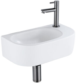 QeramiQ Fuente Fonteinset - 40x21.5x12cm - rechts - glad - halfrond - 1 kraangat - keramiek - fonteinkraan gunmetal - afvoerplug - verlaagd sifon - wit mat SW1209551/SW769487/SW767295/SW696239