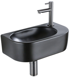 QeramiQ Fuente Fonteinset - 40x21.5x12cm - rechts - glad - halfrond - 1 kraangat - keramiek - fonteinkraan gunmetal - afvoerplug - verlaagd sifon - zwart mat SW1209552/SW769487/SW767295/SW696239