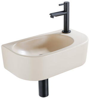 QeramiQ Fuente Fonteinset - 40x21.5x12cm - rechts - glad - halfrond - 1 kraangat - keramiek - fonteinkraan zwart mat - afvoerplug - verlaagd sifon - beige SW1209553/SW696205/SW696215/SW696235