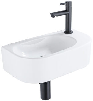 QeramiQ Fuente Fonteinset - 40x21.5x12cm - rechts - glad - halfrond - 1 kraangat - keramiek - fonteinkraan zwart mat - afvoerplug - verlaagd sifon - wit glans SW1209550/SW696205/SW696215/SW696235