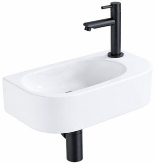 QeramiQ Fuente Fonteinset - 40x21.5x12cm - rechts - glad - halfrond - 1 kraangat - keramiek - fonteinkraan zwart mat - afvoerplug - verlaagd sifon - wit mat SW1209551/SW696205/SW696215/SW696235