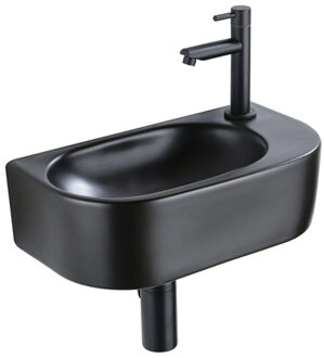 QeramiQ Fuente Fonteinset - 40x21.5x12cm - rechts - glad - halfrond - 1 kraangat - keramiek - fonteinkraan zwart mat - afvoerplug - verlaagd sifon - zwart mat SW1209552/SW696205/SW696215/SW696235