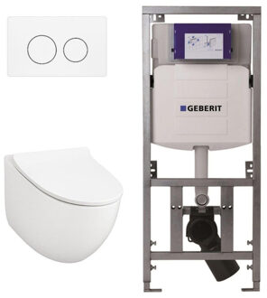 QeramiQ Salina 2.0 Toiletset - Inbouwreservoir met Geberit UP320 spoelmechanisme - softclose toiletzitting - glans wit bedieningsplaat - ronde knoppen - wit glans SW1247815/SW1381697/SW706186