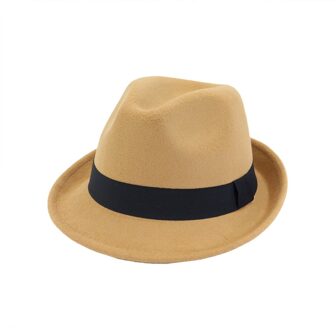 QIUBOSS Unisex Wolvilt Roll Up Korte Rand Jazz Fedora Hoeden met Zwart Lint vrouwen mannen Formele Party Trilby Floppy hoed QB39 kameel