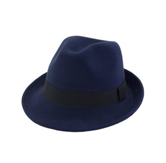 QIUBOSS Unisex Wolvilt Roll Up Korte Rand Jazz Fedora Hoeden met Zwart Lint vrouwen mannen Formele Party Trilby Floppy hoed QB39 marine