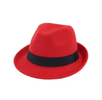 QIUBOSS Unisex Wolvilt Roll Up Korte Rand Jazz Fedora Hoeden met Zwart Lint vrouwen mannen Formele Party Trilby Floppy hoed QB39 Rood