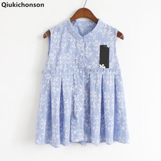 Qiukichonson Kawaii Bloemenprint Katoenen Blouse Mouwloze Zomer Tops Dames Schattige Baby Doll Blouse Shirts blusa mujer blauw