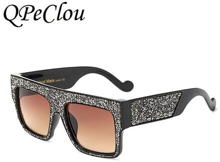 Qpeclou Oversized Luxe Kristal Vierkante Zonnebril Vrouwen Diamant Gradiënt Zonnebril Mannen Spiegel Lens Unisex Brillen Frame Brown0359