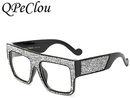 Qpeclou Oversized Luxe Kristal Vierkante Zonnebril Vrouwen Diamant Gradiënt Zonnebril Mannen Spiegel Lens Unisex Brillen Frame zilver Clear0359