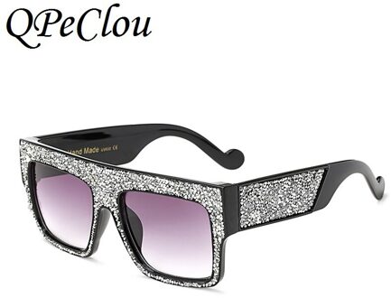 Qpeclou Oversized Luxe Kristal Vierkante Zonnebril Vrouwen Diamant Gradiënt Zonnebril Mannen Spiegel Lens Unisex Brillen Frame zilver Gray0359