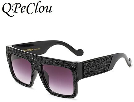 Qpeclou Oversized Luxe Kristal Vierkante Zonnebril Vrouwen Diamant Gradiënt Zonnebril Mannen Spiegel Lens Unisex Brillen Frame zwart Gray0359