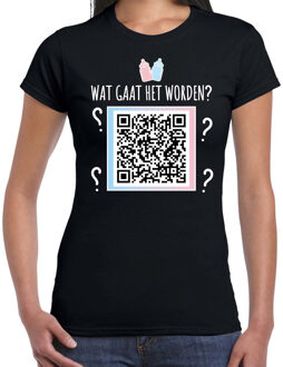 QR code gender reveal t-shirt wat gaat het worden dames zwart - meisje - Gender reveal shirts M