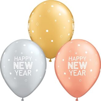 Qualatex 25x Gekleurde Qualatex Happy New Year ballonnen 28 cm
