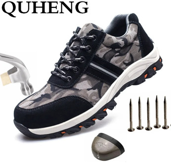 QUHENG Air Mesh Work Safety Boots Men New Design All Season Steel Toe Anti-smashing Men's Camouflage Military Boots Dropshipping
