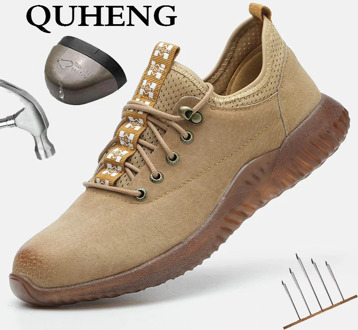 QUHENG Lightweight Breathable Men Safety Shoes Steel Toe Work Shoes for Men Anti-smashing Construction Brown Safety Shoe