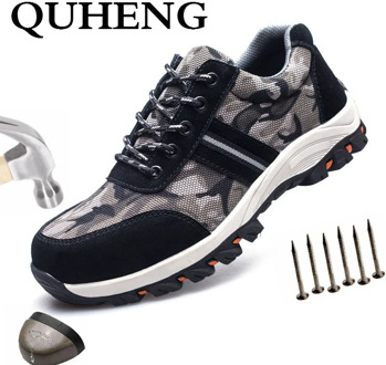 QUHENG Men's Steel Toe Anti Smashing Safety Protective Shoes Breathable Genuine Leather Camouflage Military Boots Free Shipping