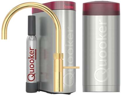 Quooker Fusion Round Keukenkraan Set - Kokend Warm- en Koud Water - Goud - Inclusief COMBI+ Reservoir & CUBE - Direct Gekoeld Bruisend Water