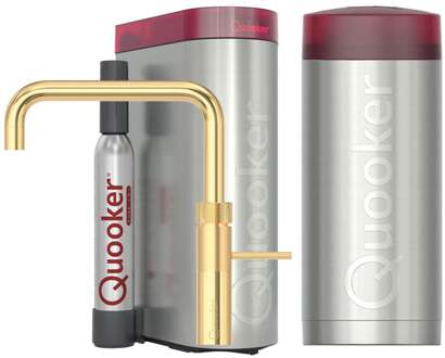 Quooker Fusion Square Keukenkraan Set - Kokend Warm- en Koud Water - Goud - Inclusief COMBI+ Reservoir & CUBE - Direct Gekoeld Bruisend Water