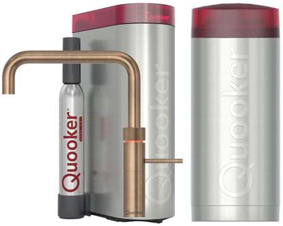 Quooker Fusion Square Keukenkraan Set - Kokend Warm- en Koud Water - Messing Patina - Inclusief COMBI Reservoir & CUBE - Direct Gekoeld Bruisend Water
