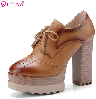 QUTAA 2018 Women Pumps Lace Up Woman Shoes PU Cut Outs Square Super High Heel Platform Classic Ladies Casual Pumps Szie 34-42