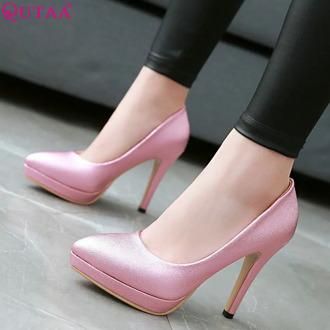 QUTAA 2019 Women Pumps Fashion Women Shoes Platform Slip on Thin High Heel Sexy All Match Ladies Wedding Pumps Size 34-43
