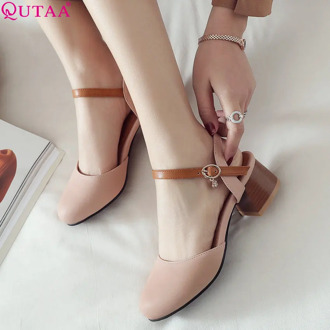 QUTAA 2019 Women Pumps Square High Heel Round Toe PU Leather Women Shoes Crystal Ankle Strap Ladies Wedding Shoes Size 34-43