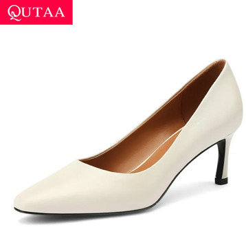 QUTAA 2020 Thin High Heel Shallow Women Single Shoes Cow Leather Ladies Pumps Pointed Toe Office Concise Stilettos Size 34-39