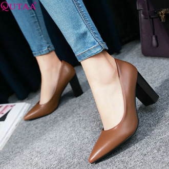 QUTAA 2020 Women Pumps Pu Leather All Match Pointed Toe Women Shoes Fashion Platformslip on Casual Wedding Shoes Size 34-43